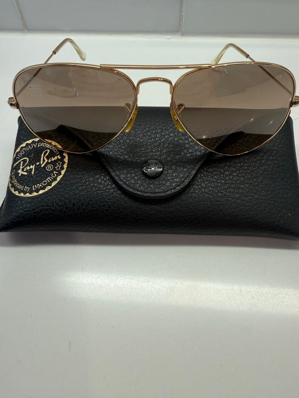 Ray-Ban RB3025 Aviator Large Metal Sunglasses Gold Pink Mirror 55-14 001/3E EUC
